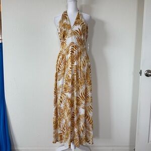Lush Golden Yellow Palm Leaf Plant V Neck Halter Lightweight Maxi Dress Large